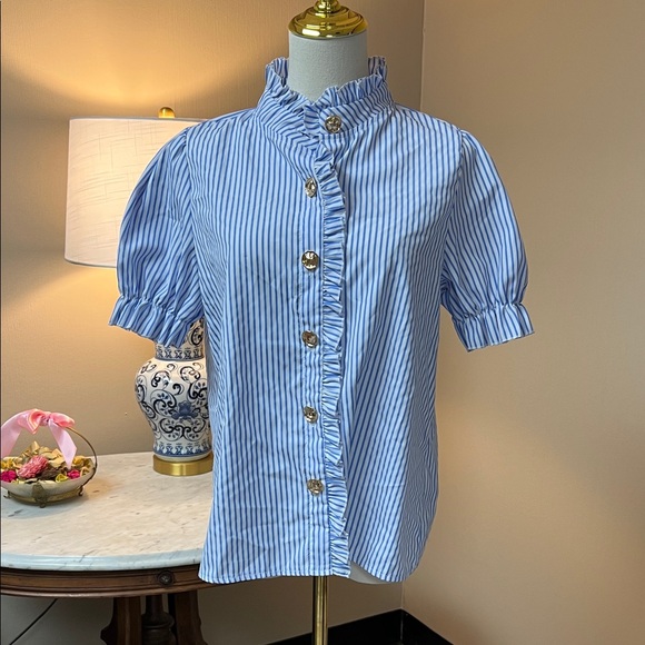 SHEIN Tops - SHEIN Blue and White Striped Ruffle Button-Up Puff Sleeve Top